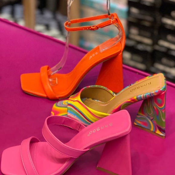 Premiere-07 Orange Vegan Leather Square Toe Ankle Strap Triangle Heeled Sandal - Picture 3 of 4